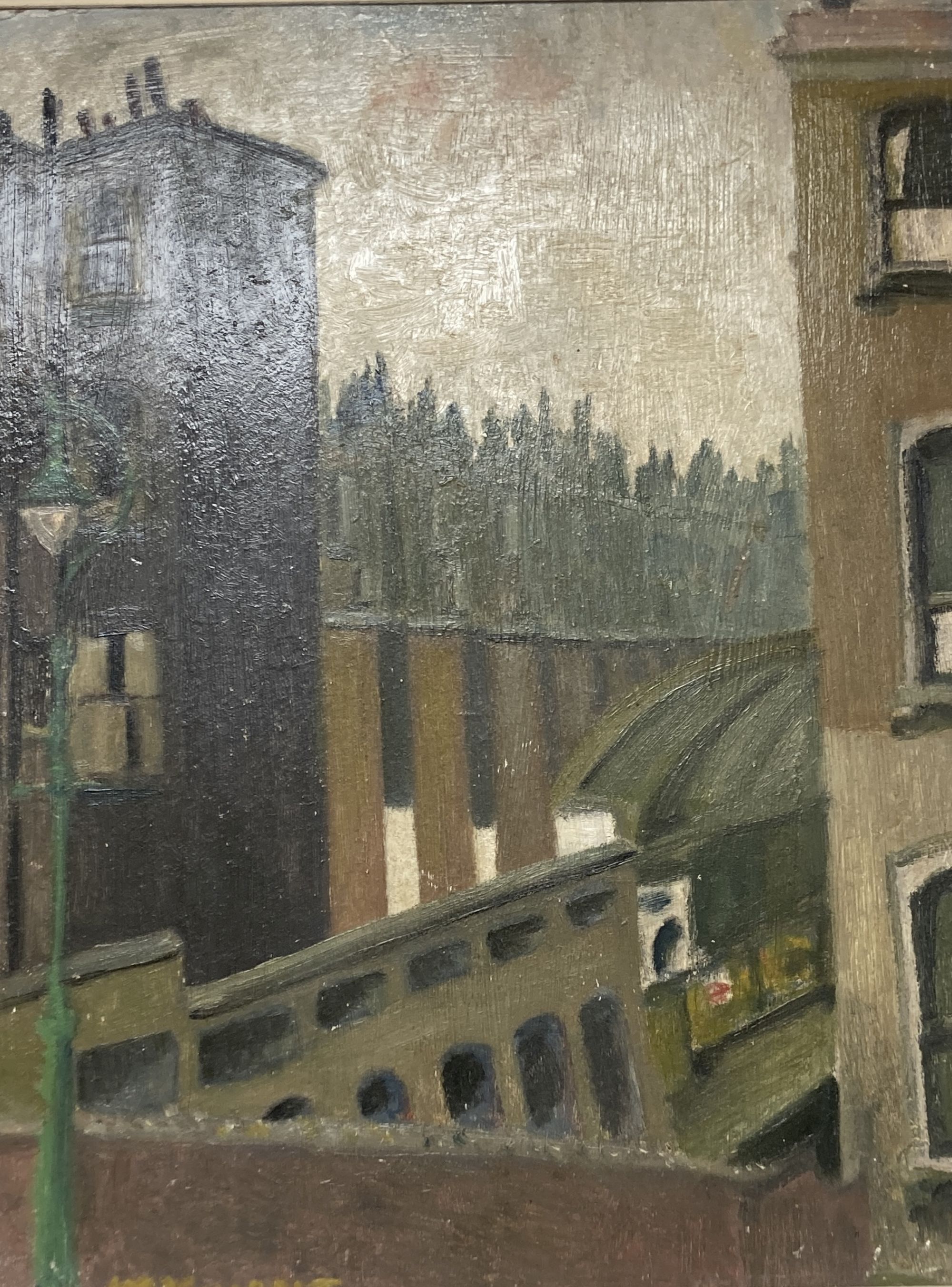 McKnight, oil on board, Street scene, signed, 50 x 38cm, a head study sketch verso